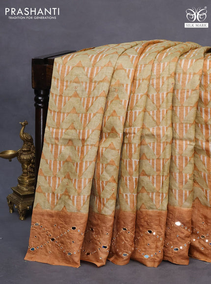 Pure tussar silk saree dark mustard shade with geometric prints & mirror work buttas and mirror work pallu