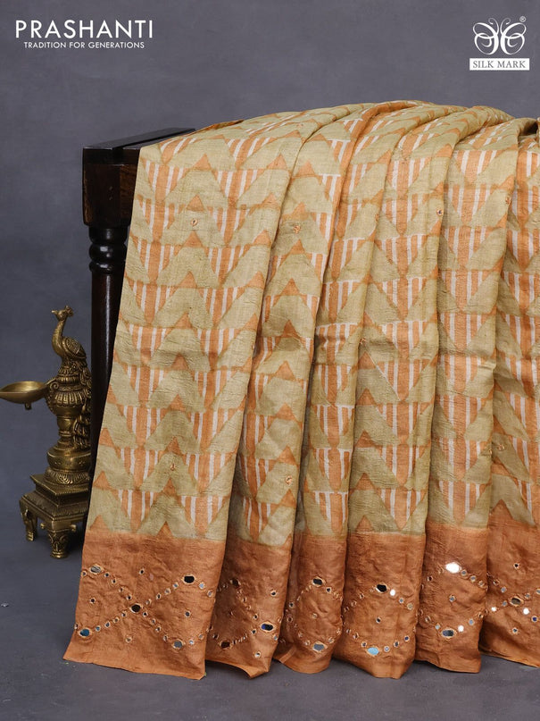 Pure tussar silk saree dark mustard shade with geometric prints & mirror work buttas and mirror work pallu