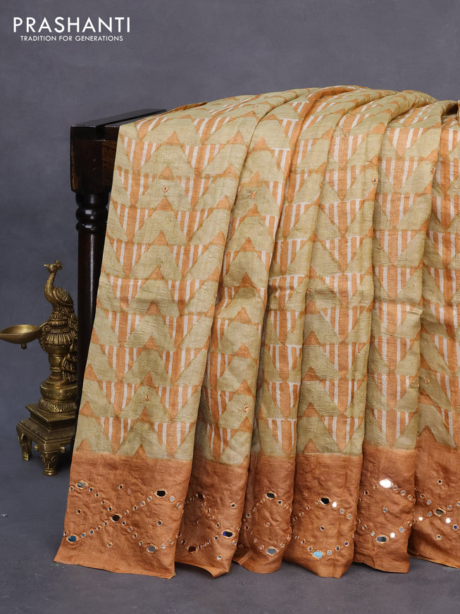 Pure tussar silk saree dark mustard shade with geometric prints & mirror work buttas and mirror work pallu