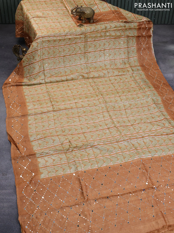 Pure tussar silk saree dark mustard shade with geometric prints & mirror work buttas and mirror work pallu