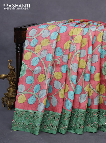 Pure tussar silk saree pink and green with kalamkari prints & cut work and cut work border