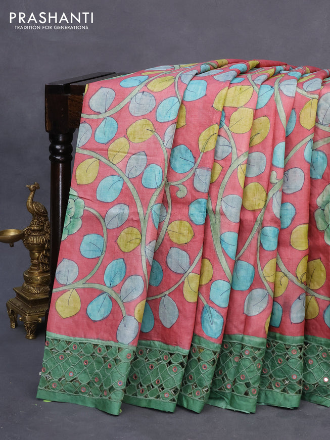 Pure tussar silk saree pink and green with kalamkari prints & cut work and cut work border