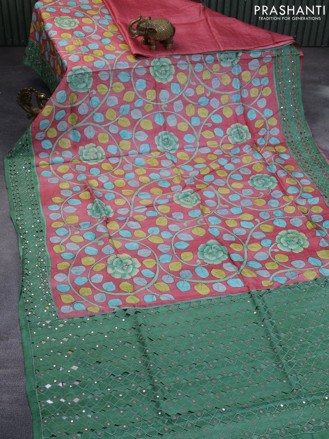 Pure tussar silk saree pink and green with kalamkari prints & cut work and cut work border