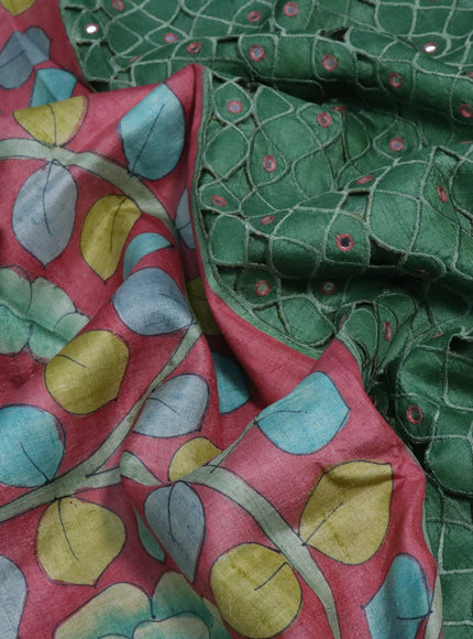 Pure tussar silk saree pink and green with kalamkari prints & cut work and cut work border