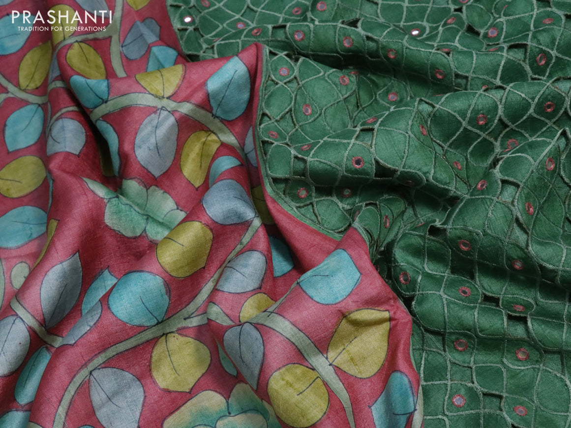 Pure tussar silk saree pink and green with kalamkari prints & cut work and cut work border