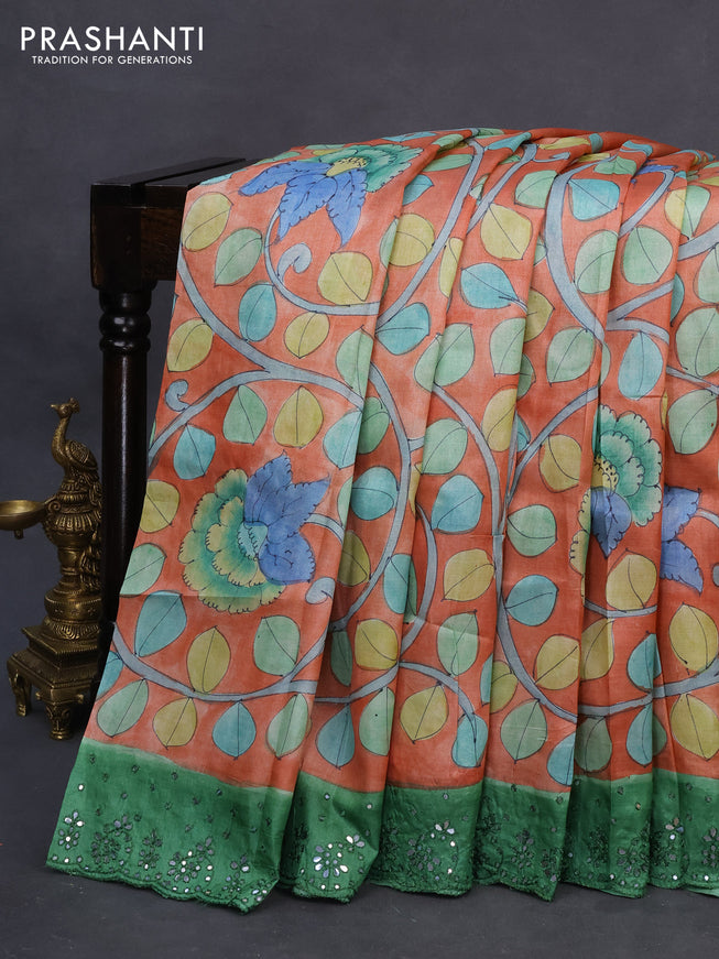 Pure tussar silk saree peach orange and green with allover kalamkari prints and mirror embroidery work border