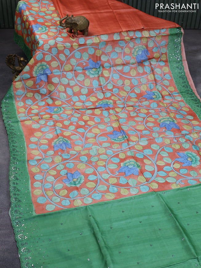 Pure tussar silk saree peach orange and green with allover kalamkari prints and mirror embroidery work border