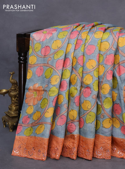 Pure tussar silk saree grey and peach orange with allover kalamkari prints and mirror embroidery work border