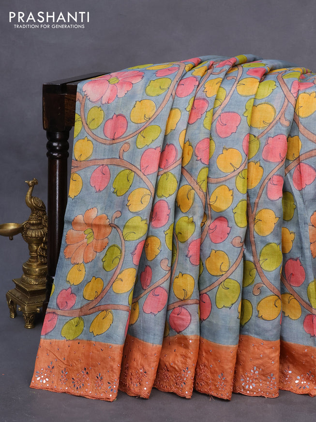 Pure tussar silk saree grey and peach orange with allover kalamkari prints and mirror embroidery work border