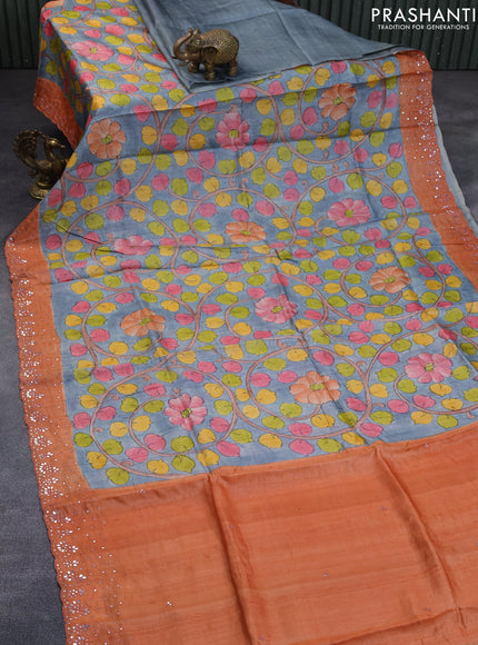 Pure tussar silk saree grey and peach orange with allover kalamkari prints and mirror embroidery work border