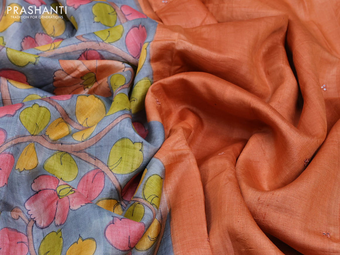 Pure tussar silk saree grey and peach orange with allover kalamkari prints and mirror embroidery work border