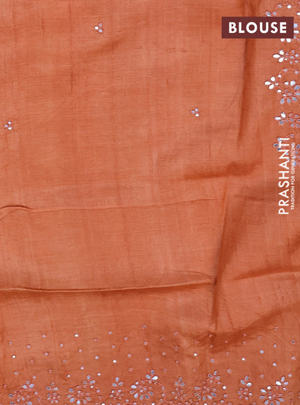 Pure tussar silk saree grey and peach orange with allover kalamkari prints and mirror embroidery work border