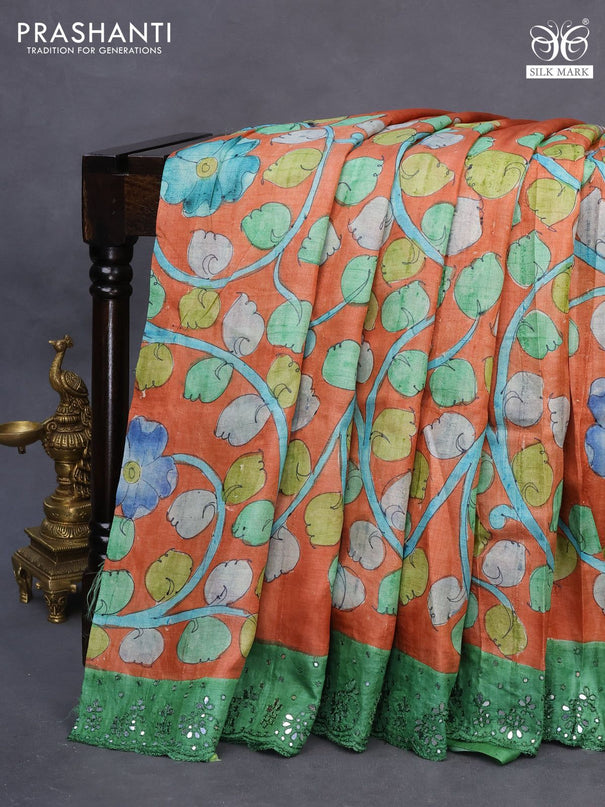 Pure tussar silk saree rustic orange and green with allover kalamkari prints and mirror embroidery work border