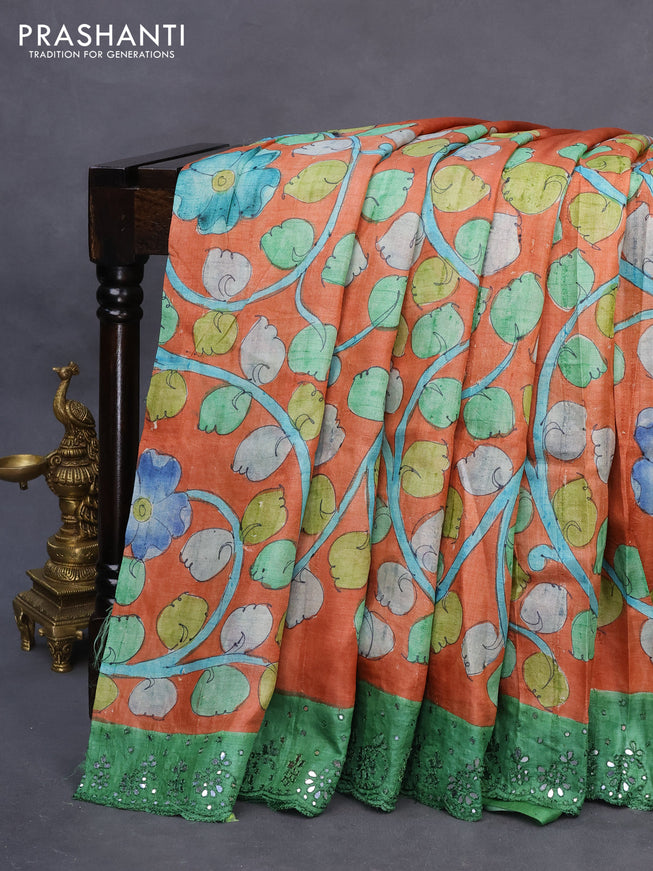 Pure tussar silk saree rustic orange and green with allover kalamkari prints and mirror embroidery work border