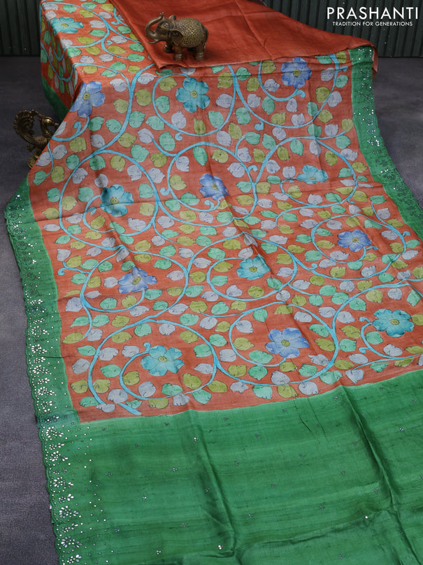 Pure tussar silk saree rustic orange and green with allover kalamkari prints and mirror embroidery work border