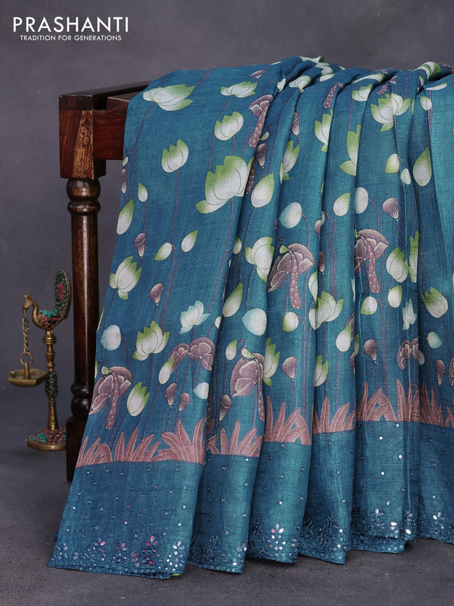 Pure tussar silk saree peacock green with allove mirror work buttas and mirror embroidery work border