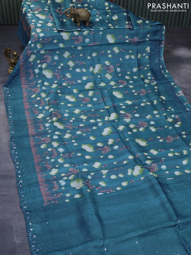 Pure tussar silk saree peacock green with allove mirror work buttas and mirror embroidery work border