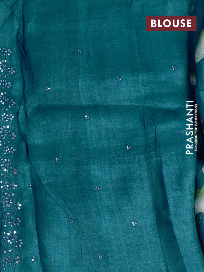 Pure tussar silk saree peacock green with allove mirror work buttas and mirror embroidery work border