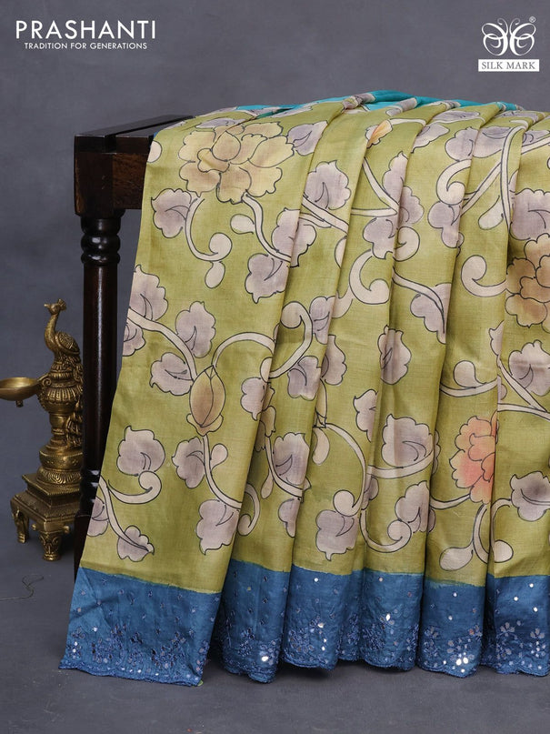 Pure tussar silk saree pastel grey and blue teal blue with allover kalamkari prints and mirror embroidery work border