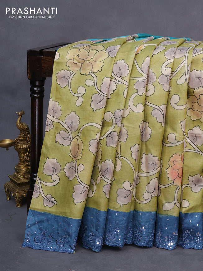 Pure tussar silk saree pastel grey and blue teal blue with allover kalamkari prints and mirror embroidery work border