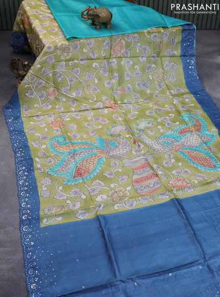 Pure tussar silk saree pastel grey and blue teal blue with allover kalamkari prints and mirror embroidery work border