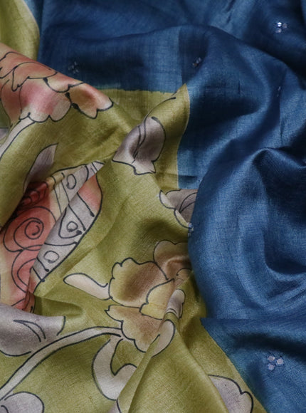 Pure tussar silk saree pastel grey and blue teal blue with allover kalamkari prints and mirror embroidery work border