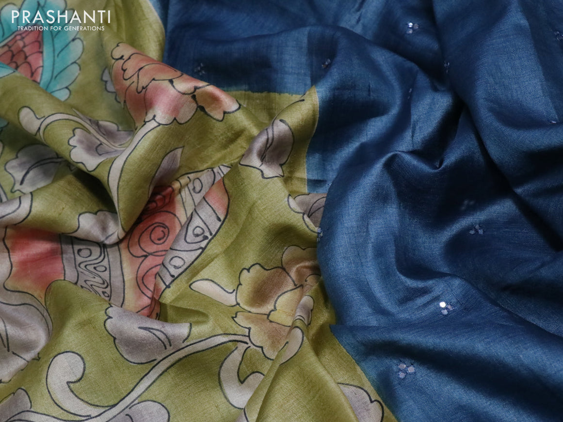 Pure tussar silk saree pastel grey and blue teal blue with allover kalamkari prints and mirror embroidery work border