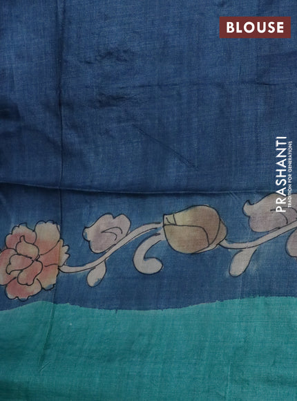 Pure tussar silk saree pastel grey and blue teal blue with allover kalamkari prints and mirror embroidery work border