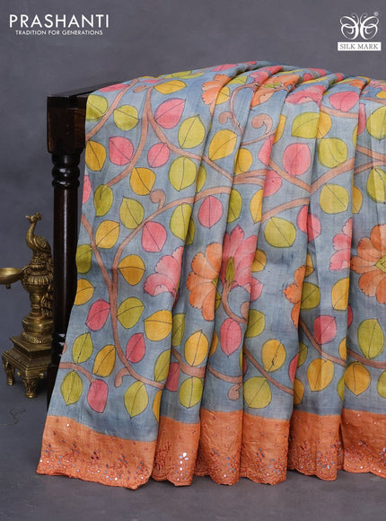 Pure tussar silk saree grey and peach orange with allover kalamkari prints and mirror embroidery work border