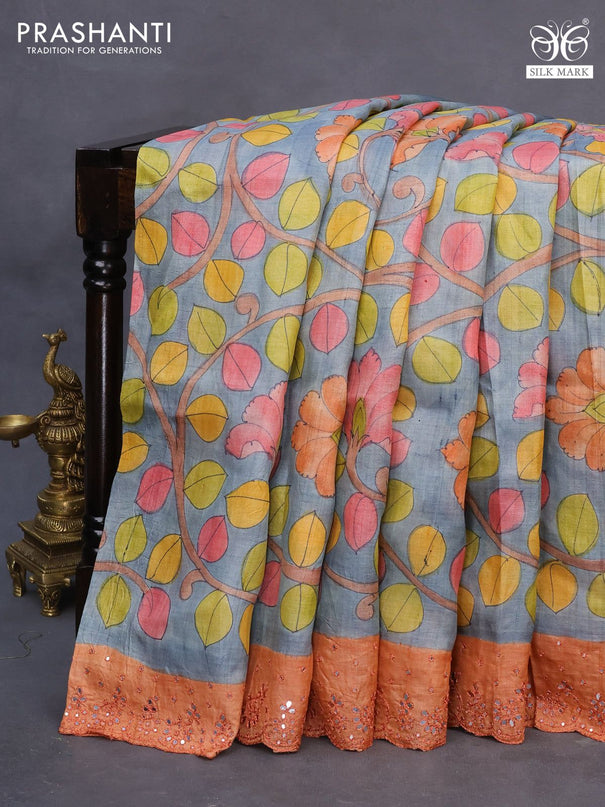 Pure tussar silk saree grey and peach orange with allover kalamkari prints and mirror embroidery work border