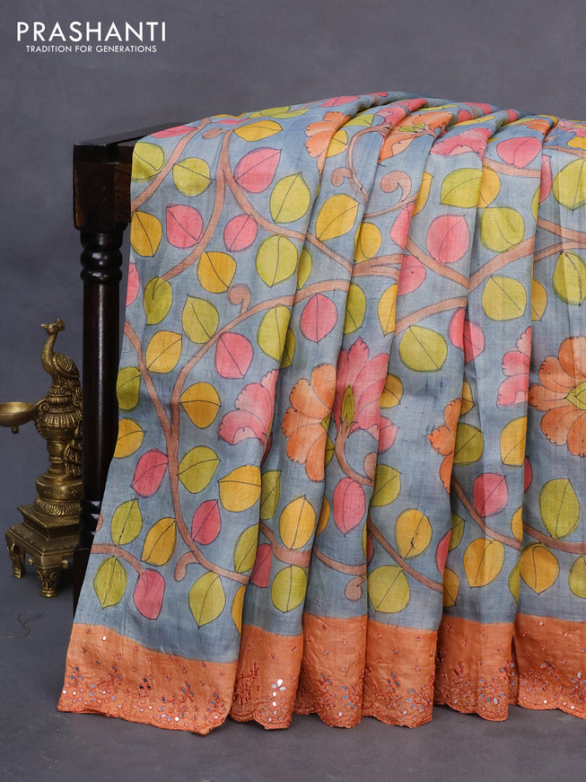 Pure tussar silk saree grey and peach orange with allover kalamkari prints and mirror embroidery work border