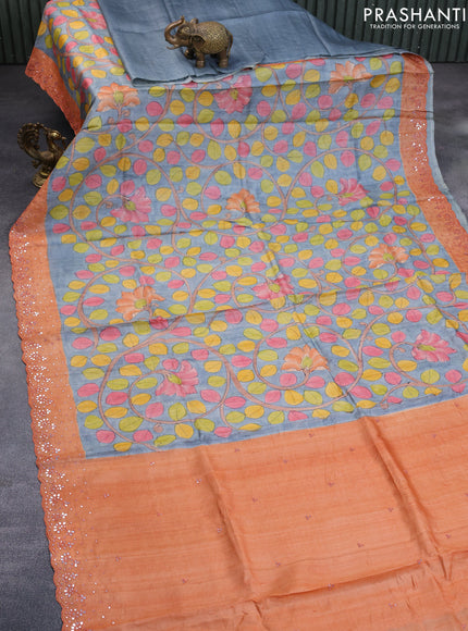 Pure tussar silk saree grey and peach orange with allover kalamkari prints and mirror embroidery work border