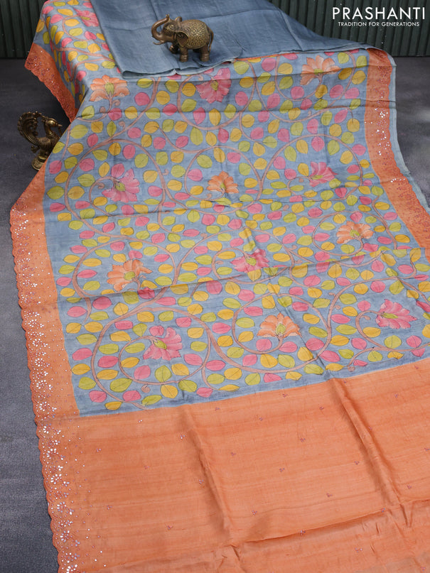 Pure tussar silk saree grey and peach orange with allover kalamkari prints and mirror embroidery work border