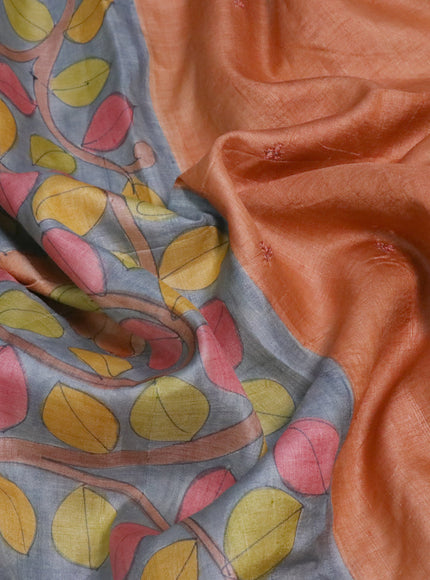 Pure tussar silk saree grey and peach orange with allover kalamkari prints and mirror embroidery work border