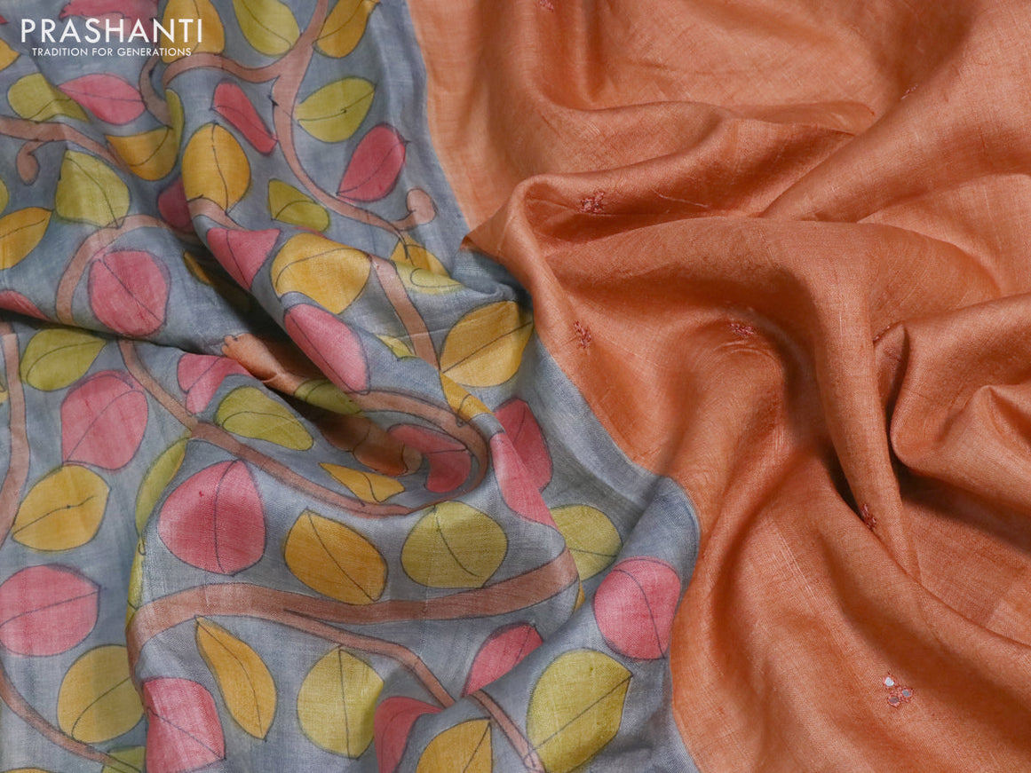 Pure tussar silk saree grey and peach orange with allover kalamkari prints and mirror embroidery work border