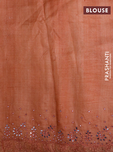 Pure tussar silk saree grey and peach orange with allover kalamkari prints and mirror embroidery work border