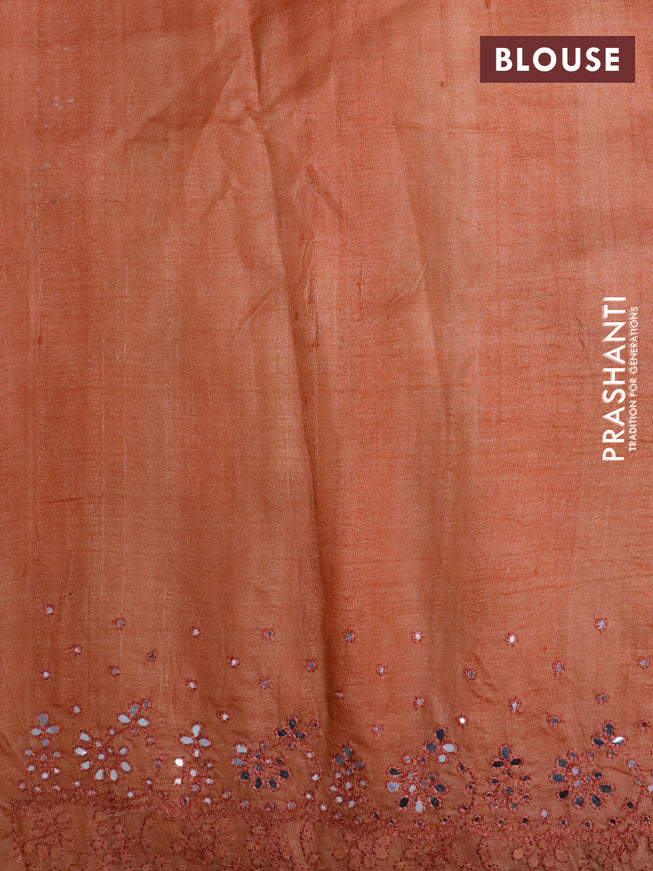 Pure tussar silk saree grey and peach orange with allover kalamkari prints and mirror embroidery work border