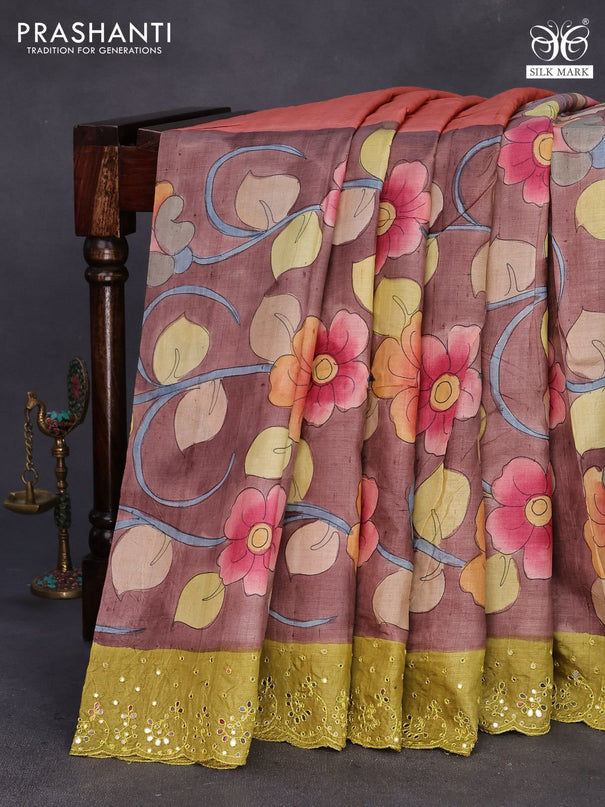 Pure tussar silk saree pastel brown and rust shade & light green with kalamkari prints and mirror work pallu