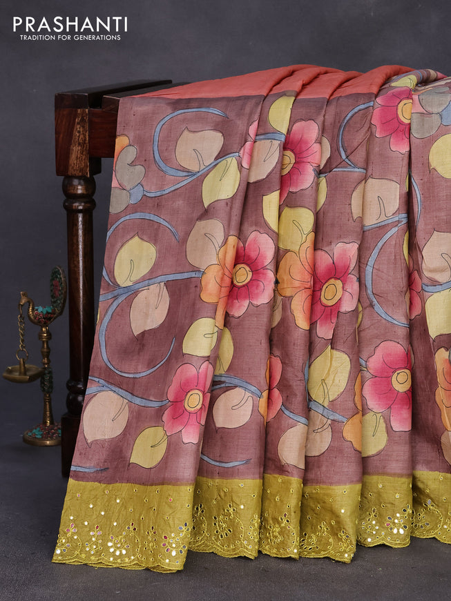 Pure tussar silk saree pastel brown and rust shade & light green with kalamkari prints and mirror work pallu