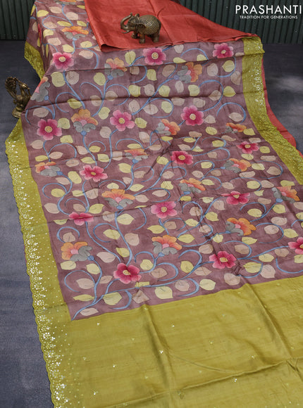 Pure tussar silk saree pastel brown and rust shade & light green with kalamkari prints and mirror work pallu