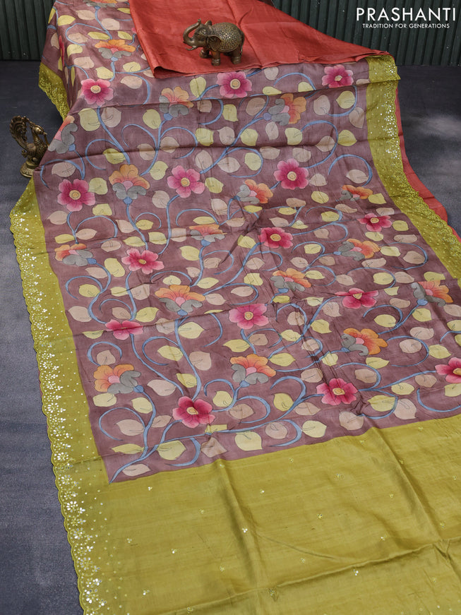 Pure tussar silk saree pastel brown and rust shade & light green with kalamkari prints and mirror work pallu