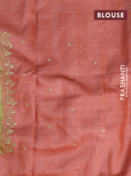 Pure tussar silk saree pastel brown and rust shade & light green with kalamkari prints and mirror work pallu