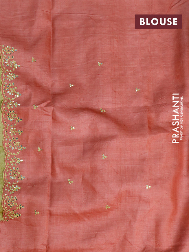 Pure tussar silk saree pastel brown and rust shade & light green with kalamkari prints and mirror work pallu