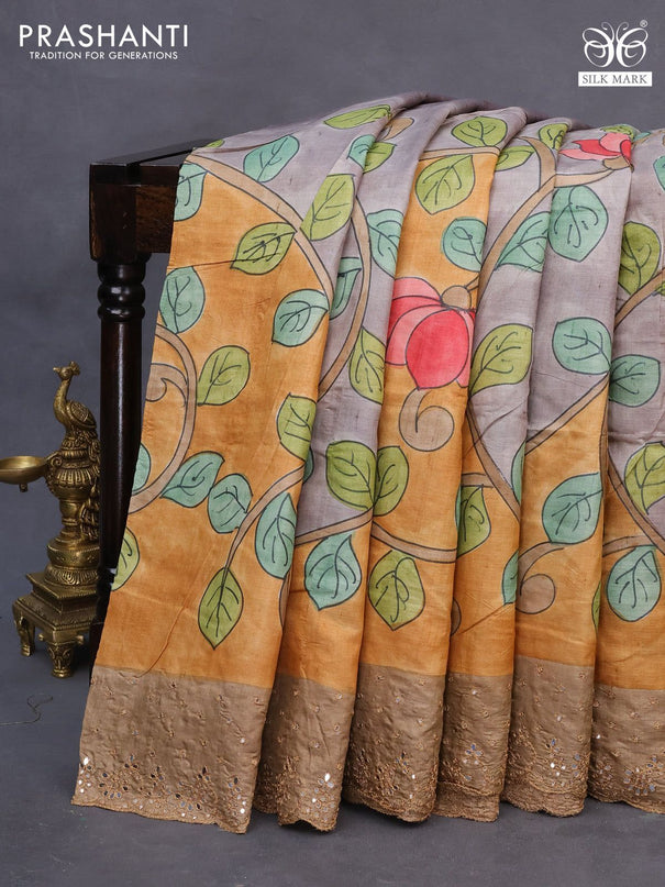 Pure tussar silk saree mustard yellow grey and sandal with allover kalamkari prints and mirror embroidery work border