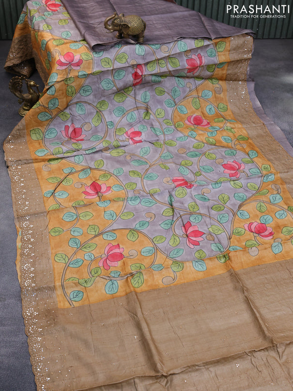 Pure tussar silk saree mustard yellow grey and sandal with allover kalamkari prints and mirror embroidery work border