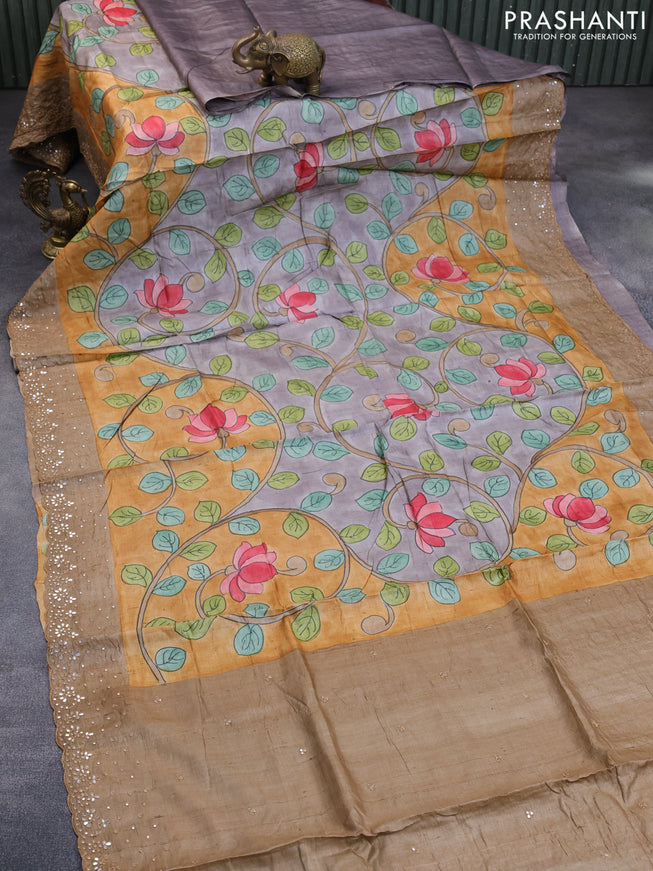 Pure tussar silk saree mustard yellow grey and sandal with allover kalamkari prints and mirror embroidery work border