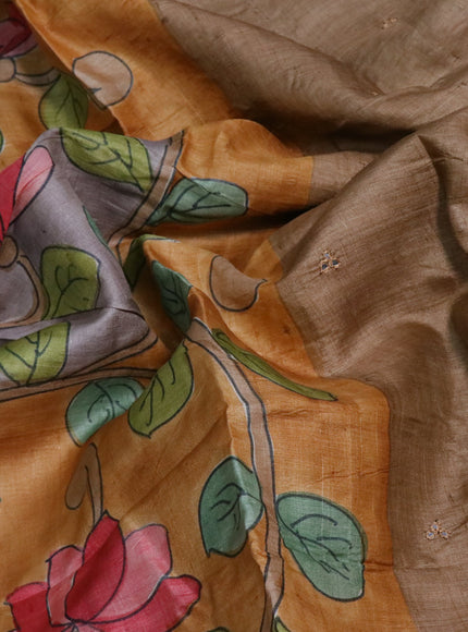 Pure tussar silk saree mustard yellow grey and sandal with allover kalamkari prints and mirror embroidery work border