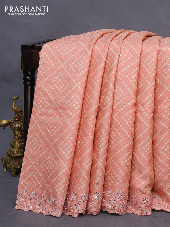 Pure tussar silk saree peach shade with allover bandhani prints & mirror work and mirror embroidery work border