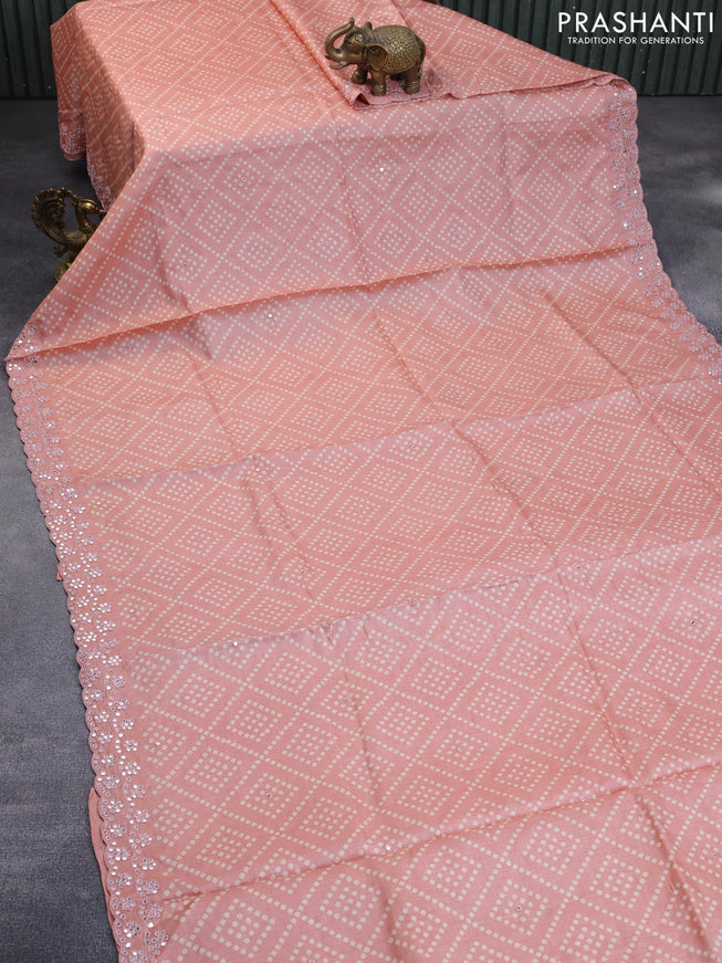 Pure tussar silk saree peach shade with allover bandhani prints & mirror work and mirror embroidery work border