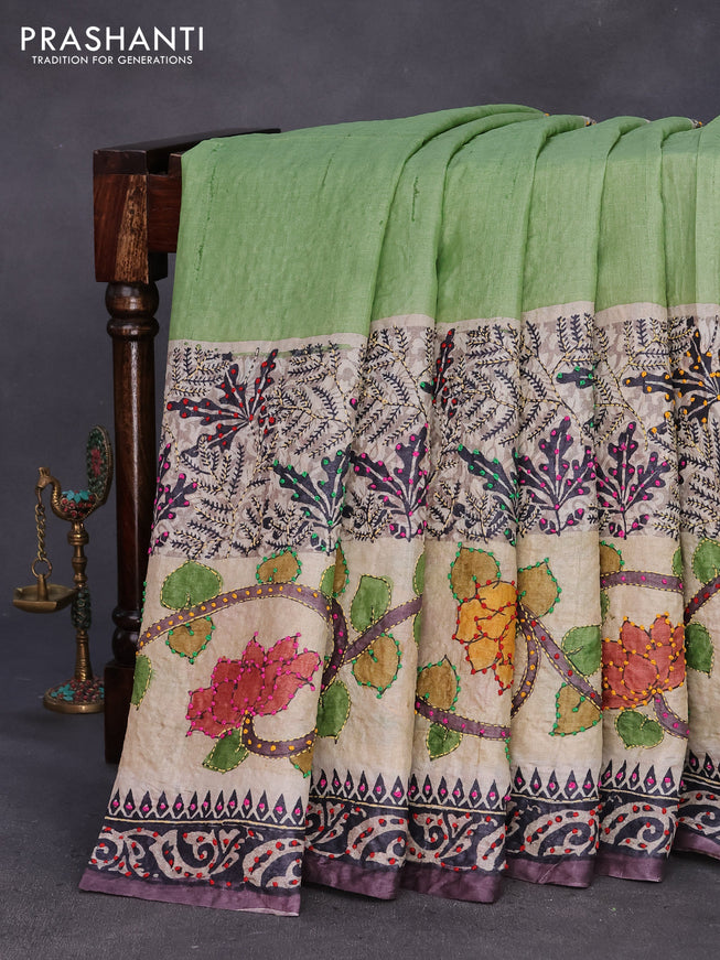 Pure tussar silk saree pastel green and dark grey with kalamkari prints & french knot work and printed border